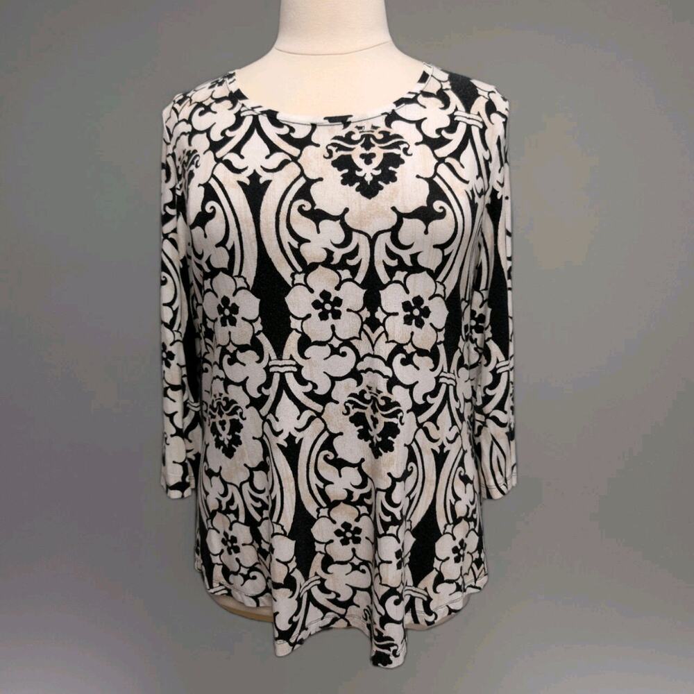 JM Collection Knit Tunic Top Black Tan White Print Size Large